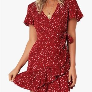 Red polka dot wrap dress